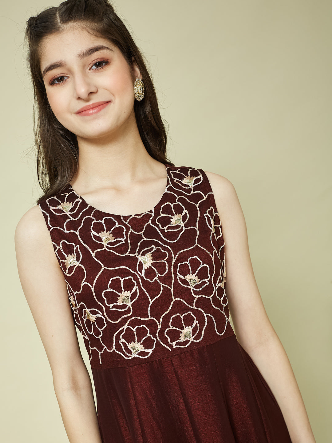 Coffee Embroidered Silk Anarkali Kurta with Dupatta Set for Girls