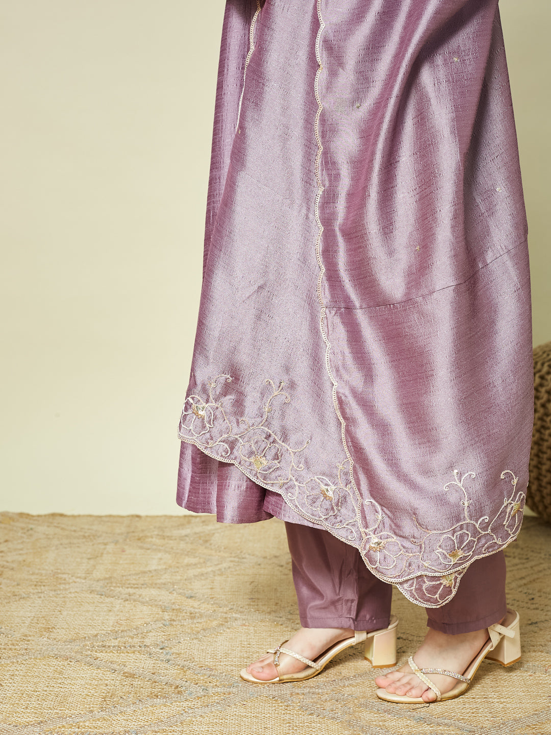 Lavender Embroidered Silk Anarkali Kurta with Dupatta Set for Girls