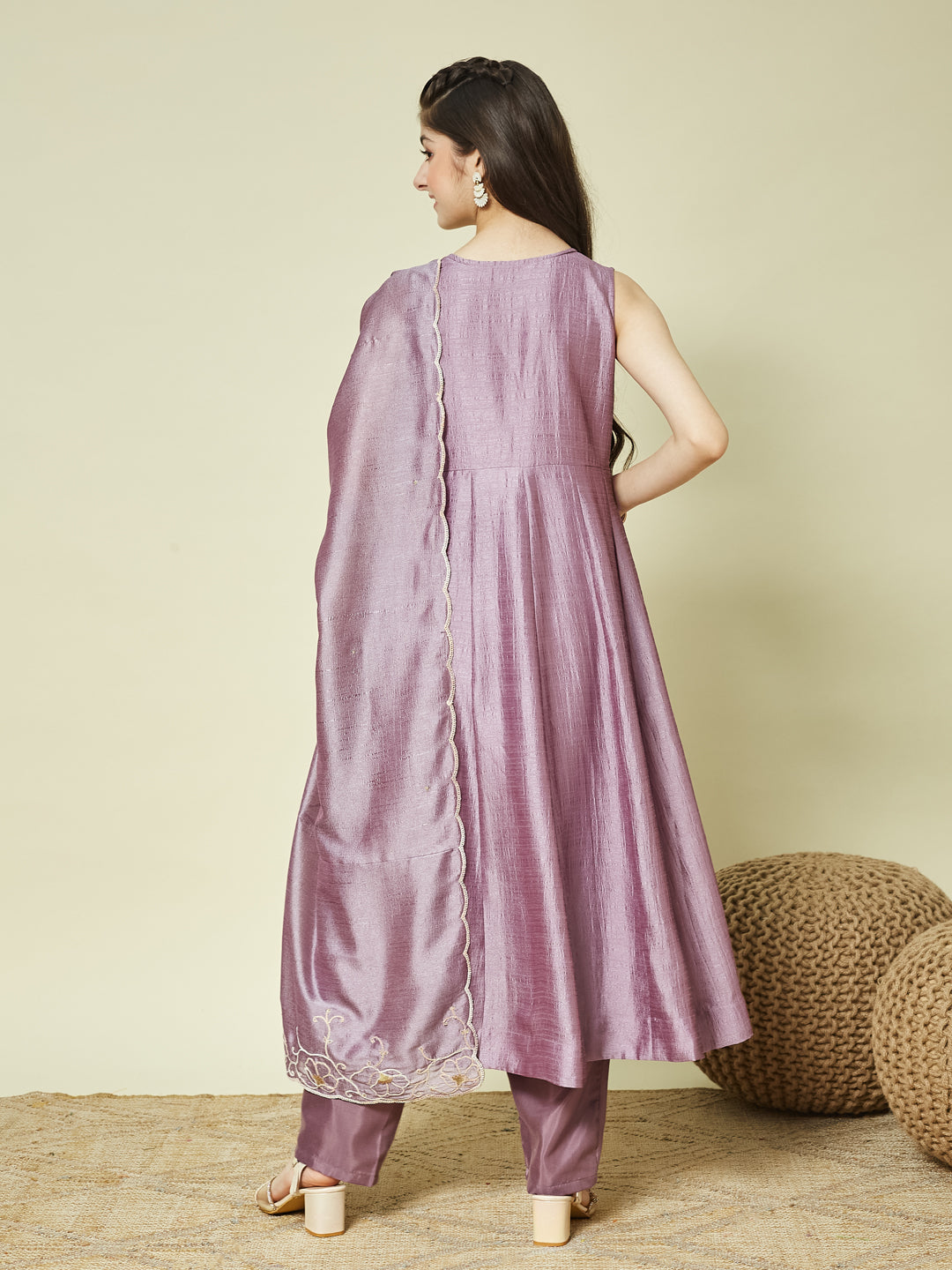 Lavender Embroidered Silk Anarkali Kurta with Dupatta Set for Girls