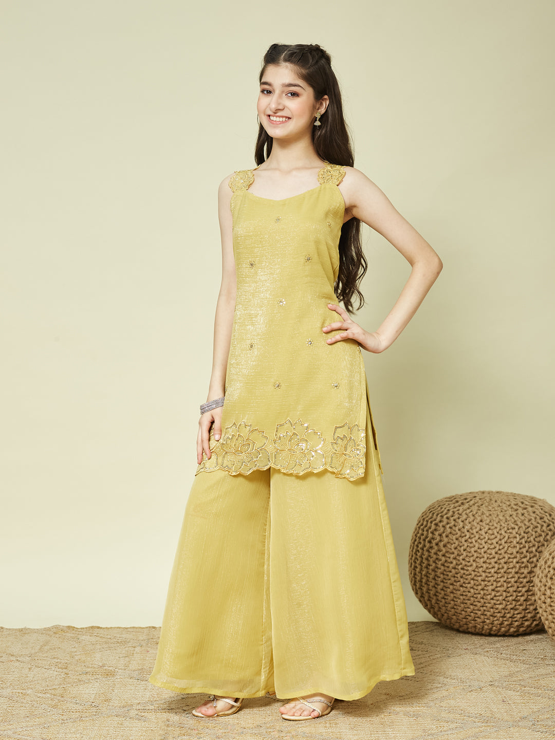 Yellow Silk Embroidered Kurta Palazzo Set with Dupatta for Girls