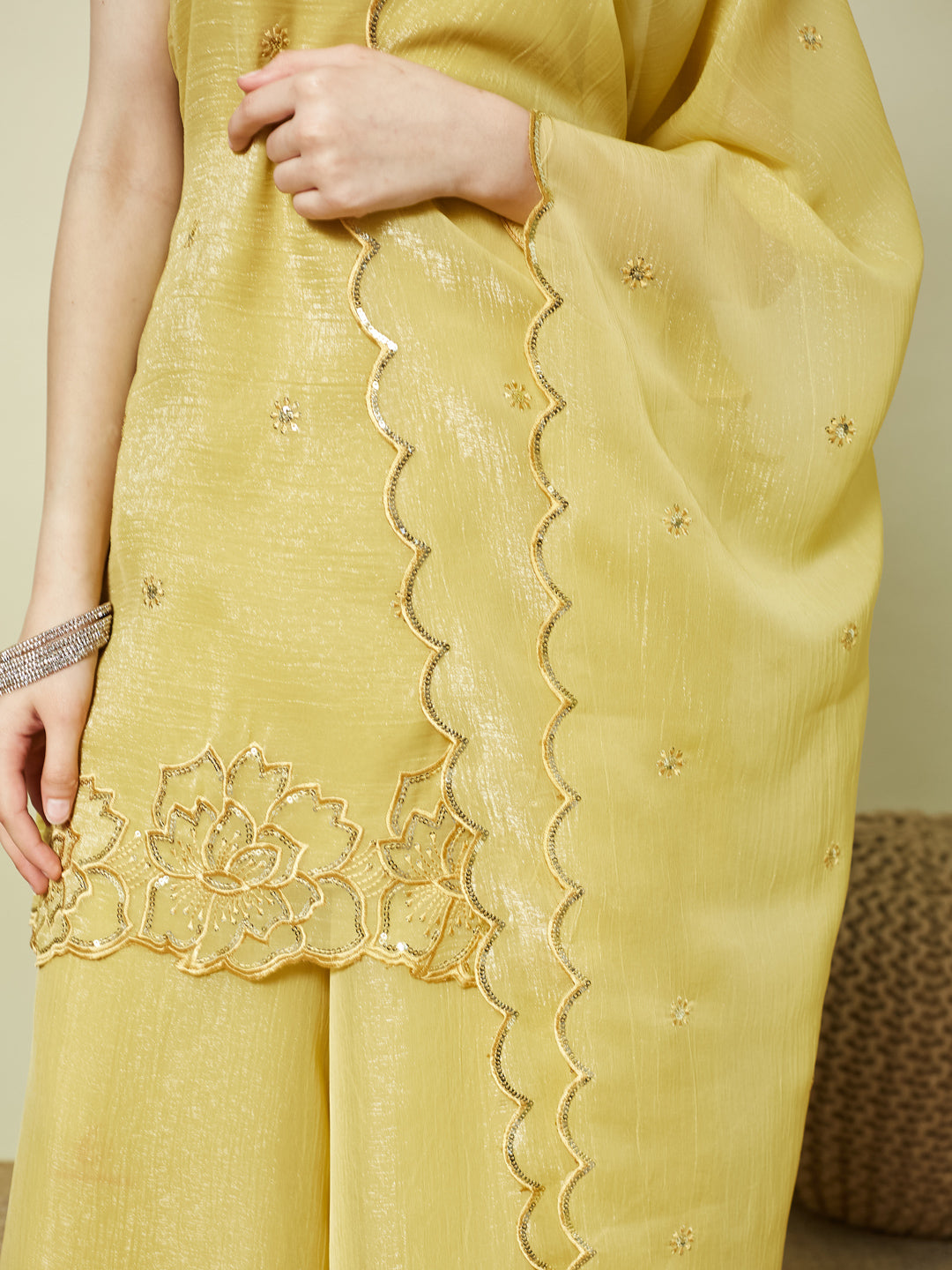 Yellow Silk Embroidered Kurta Palazzo Set with Dupatta for Girls