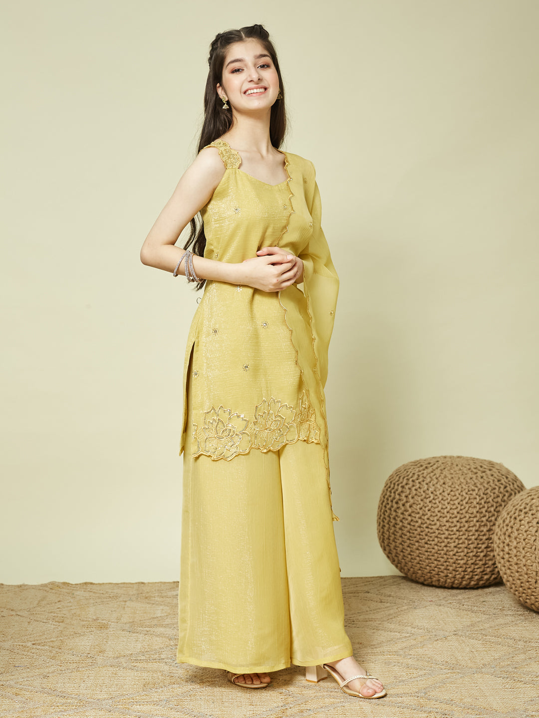 Yellow Silk Embroidered Kurta Palazzo Set with Dupatta for Girls
