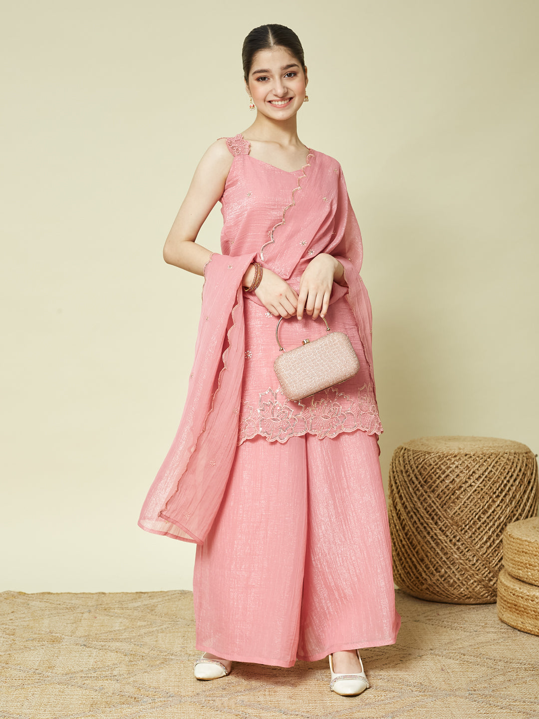 Pink Silk Embroidered Kurta Palazzo Set with Dupatta for Girls
