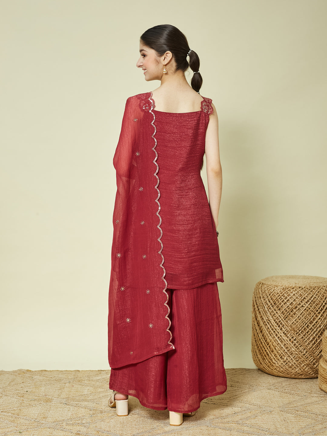 Maroon Silk Embroidered Kurta Palazzo Set with Dupatta for Girls