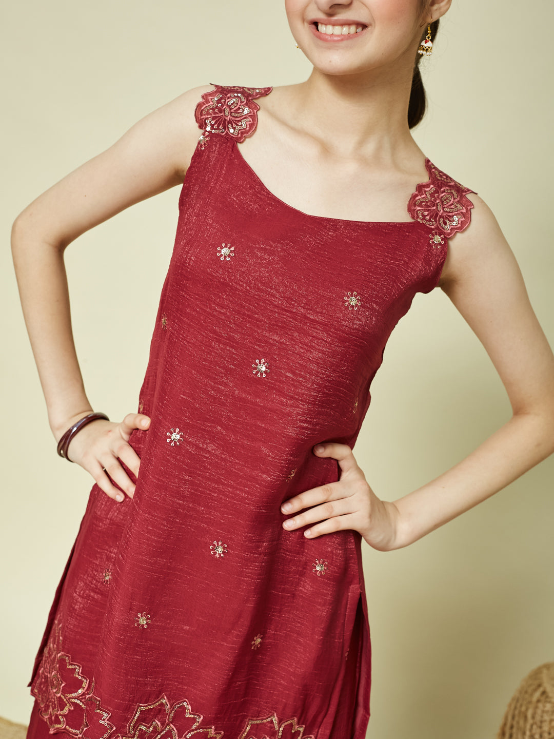 Maroon Silk Embroidered Kurta Palazzo Set with Dupatta for Girls