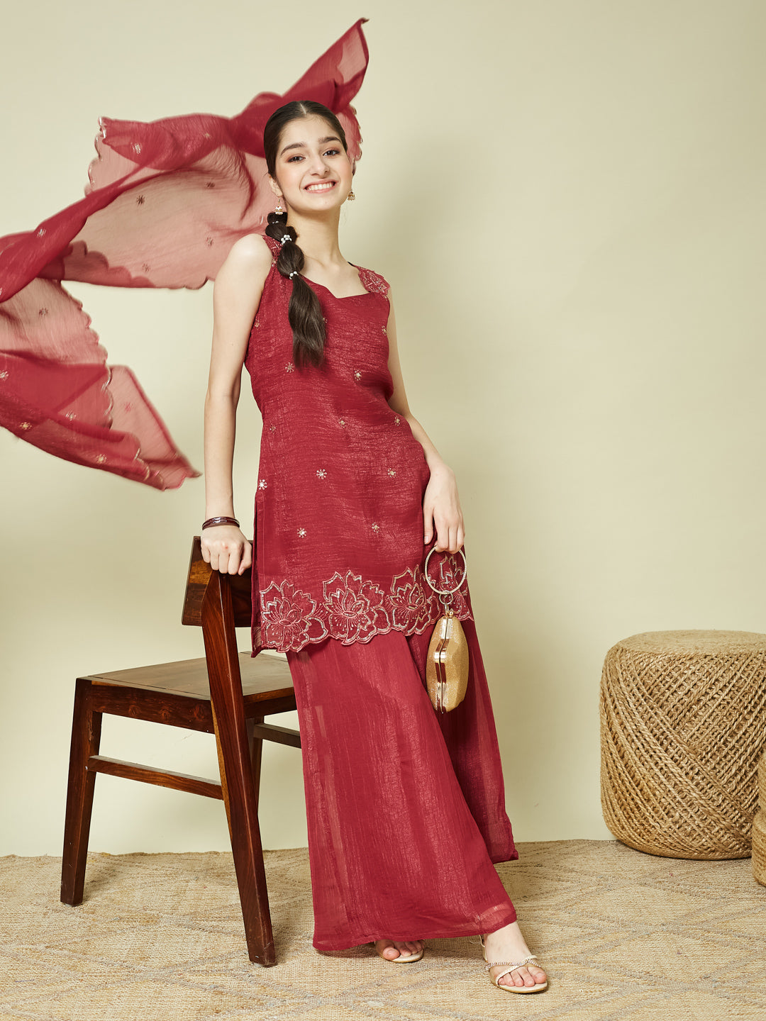 Maroon Silk Embroidered Kurta Palazzo Set with Dupatta for Girls