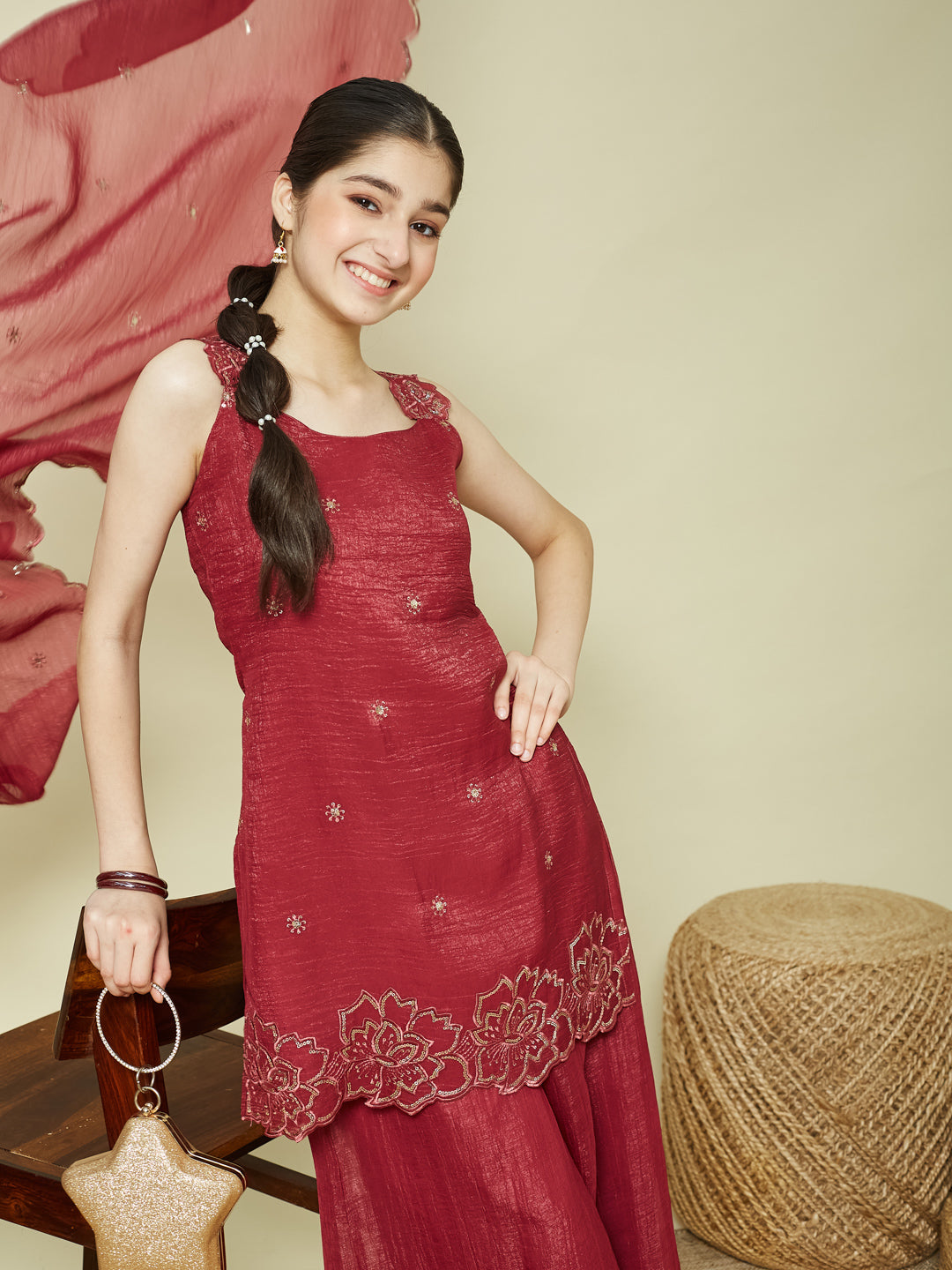 Maroon Silk Embroidered Kurta Palazzo Set with Dupatta for Girls