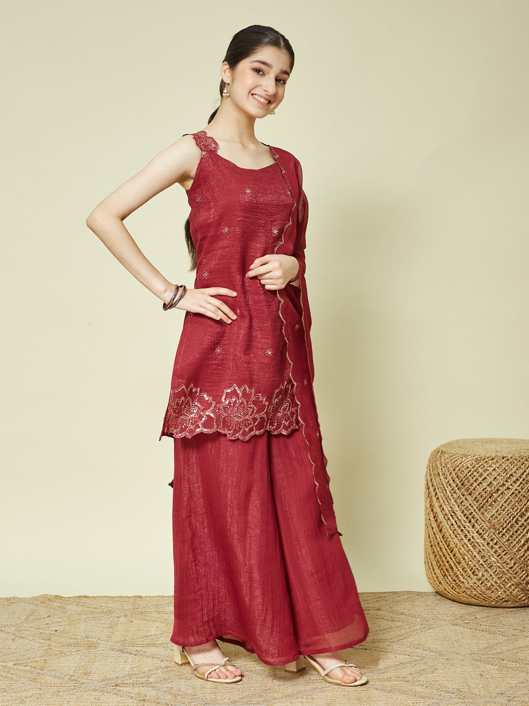 Maroon Silk Embroidered Kurta Palazzo Set with Dupatta for Girls