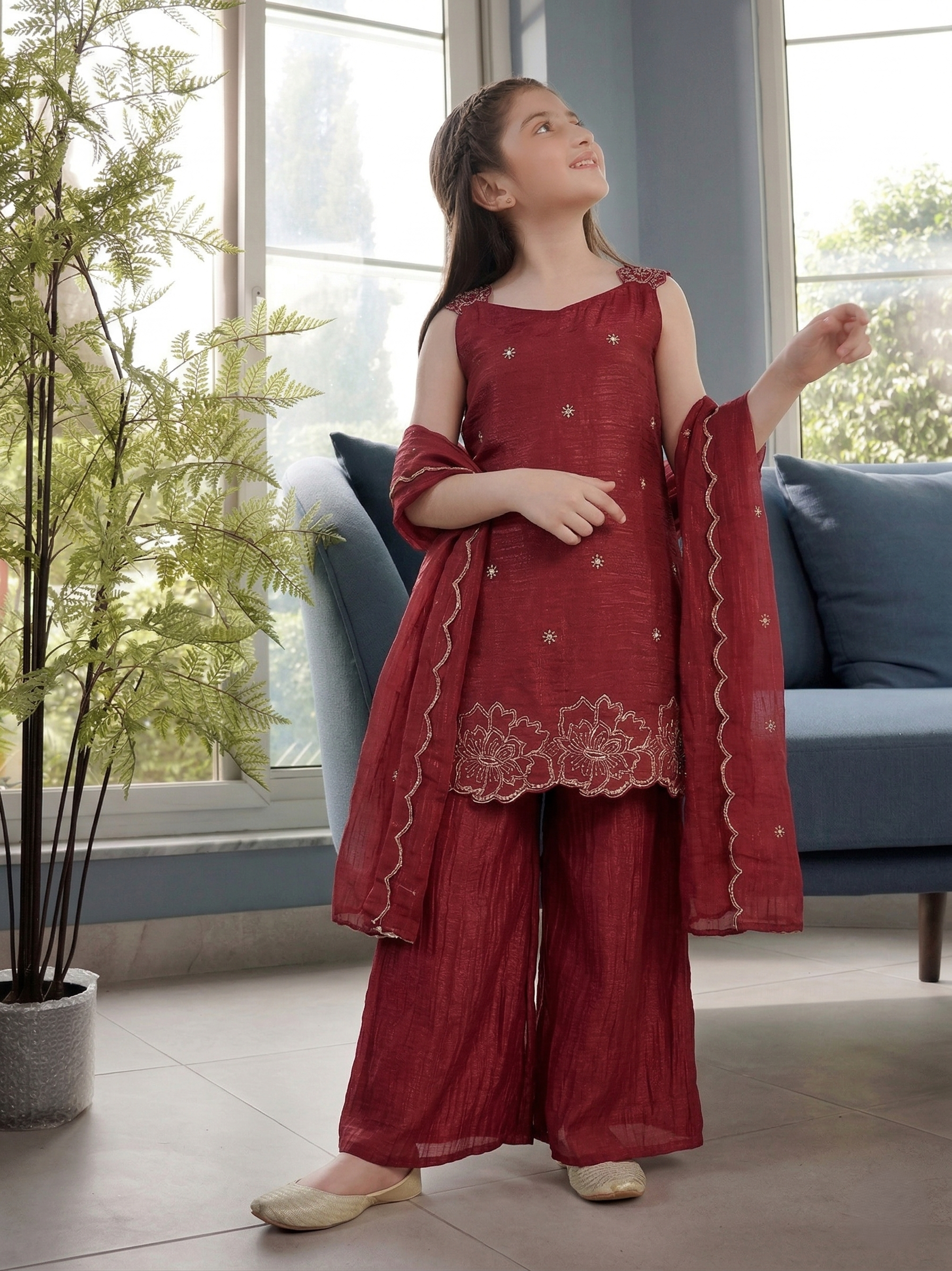 Maroon Silk Embroidered Kurta Palazzo Set with Dupatta for Girls