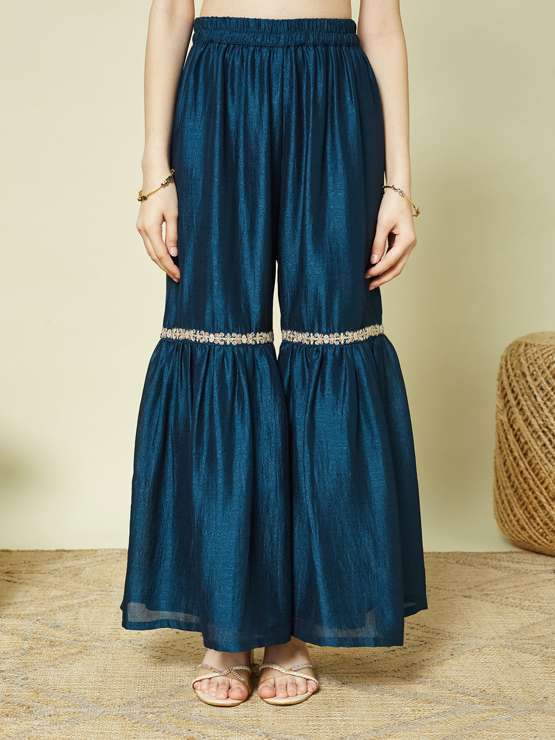 Blue Silk Embroidered Kurta Sharara Set with Dupatta for Girls