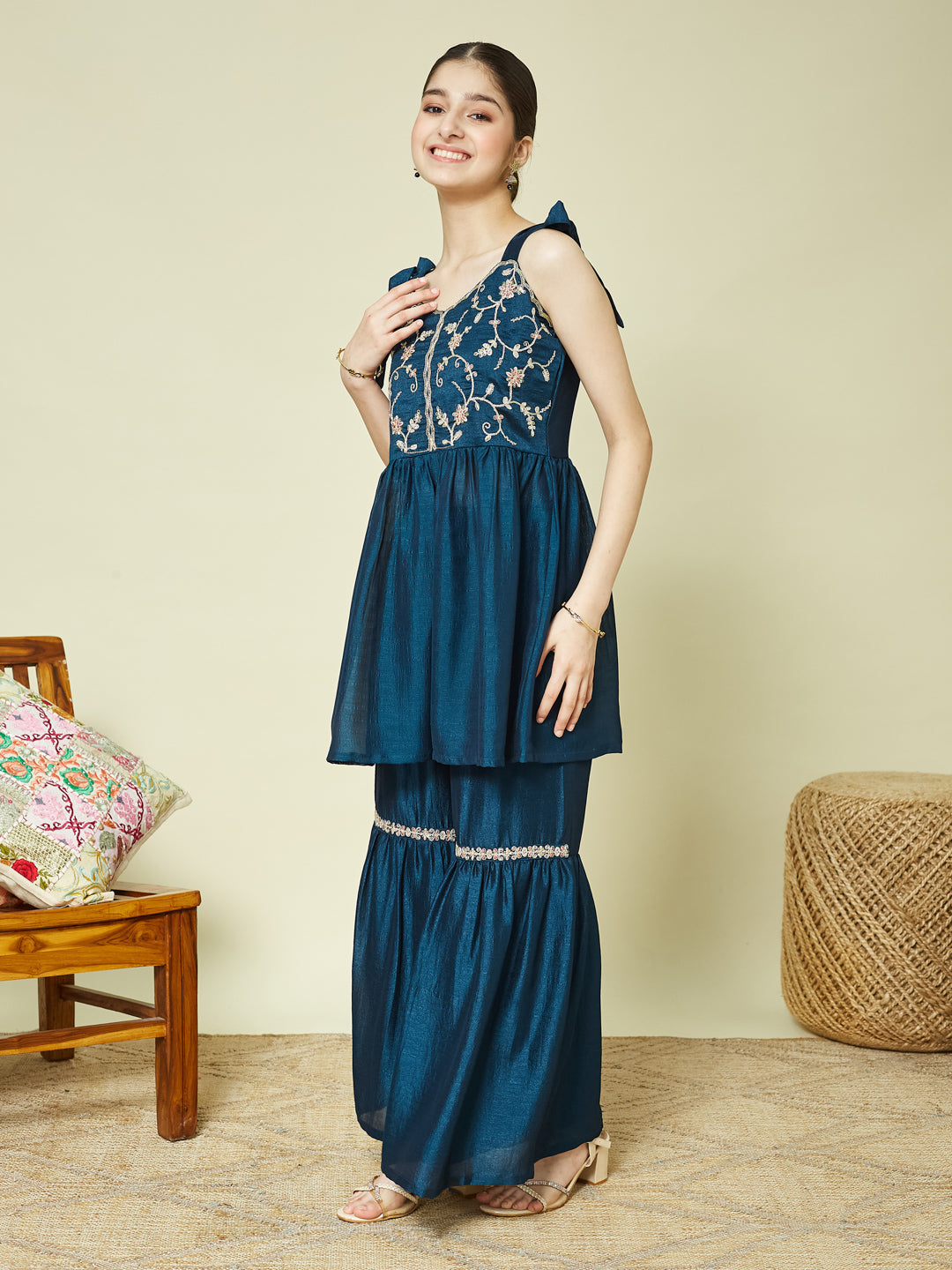 Blue Silk Embroidered Kurta Sharara Set with Dupatta for Girls