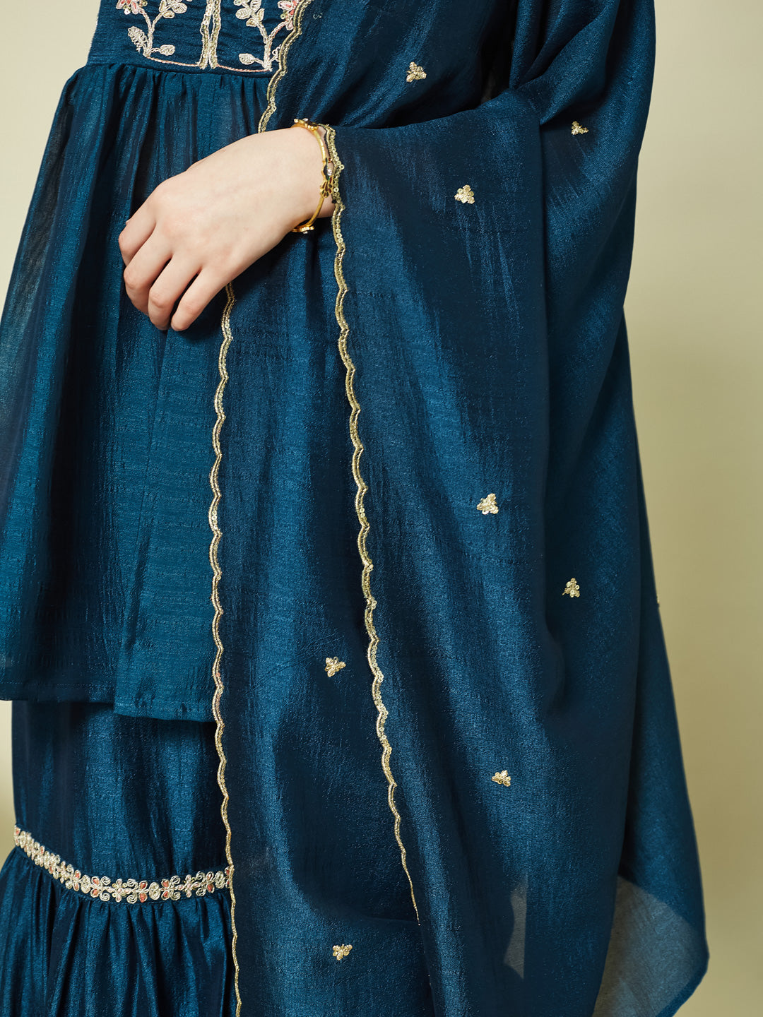 Blue Silk Embroidered Kurta Sharara Set with Dupatta for Girls