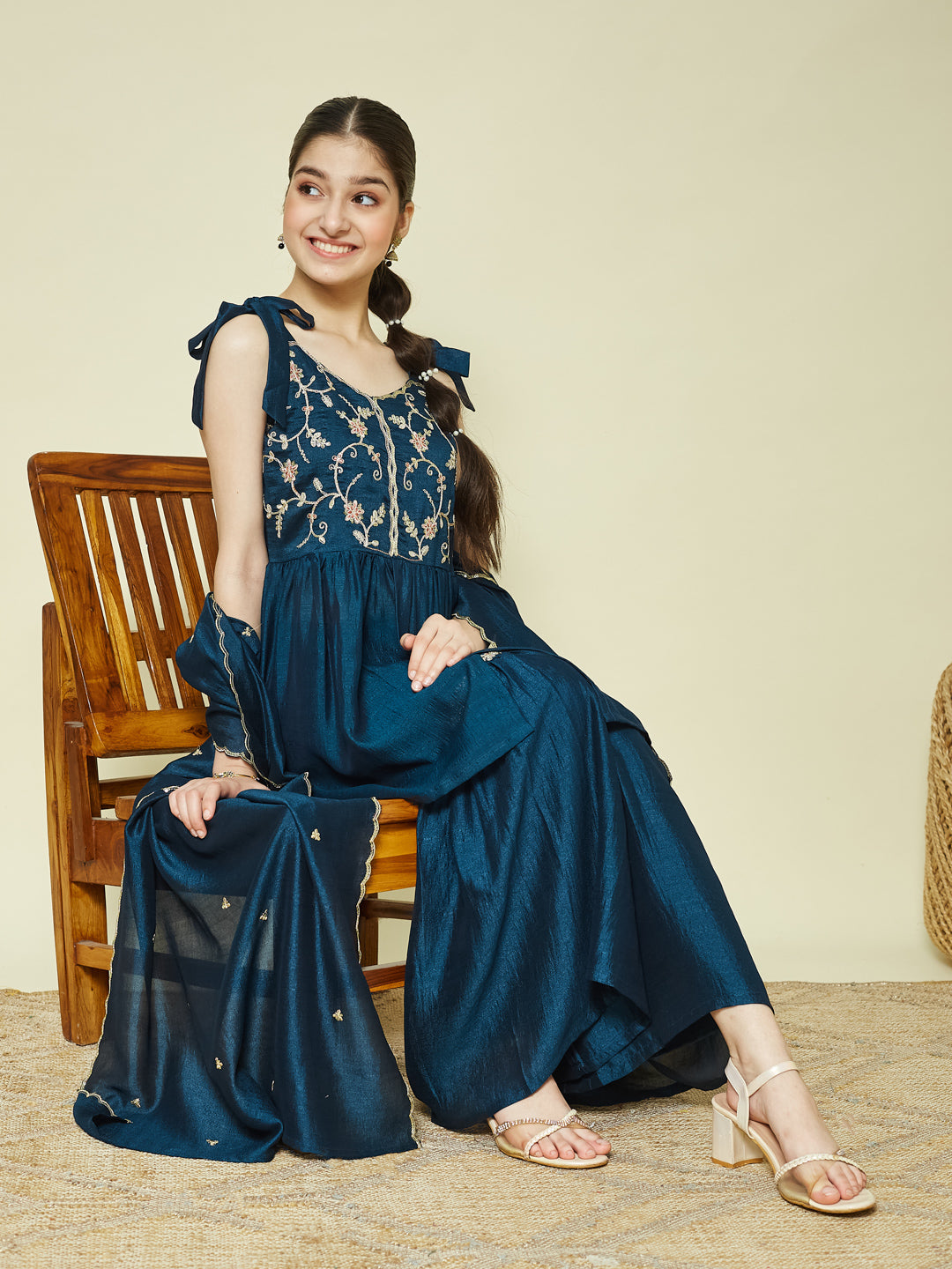 Blue Silk Embroidered Kurta Sharara Set with Dupatta for Girls