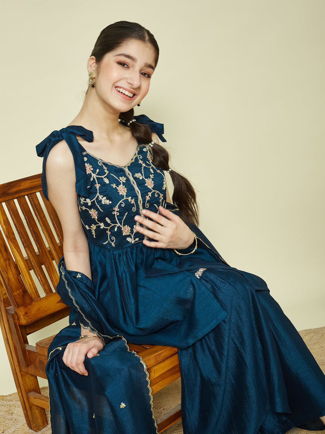 Blue Silk Embroidered Kurta Sharara Set with Dupatta for Girls