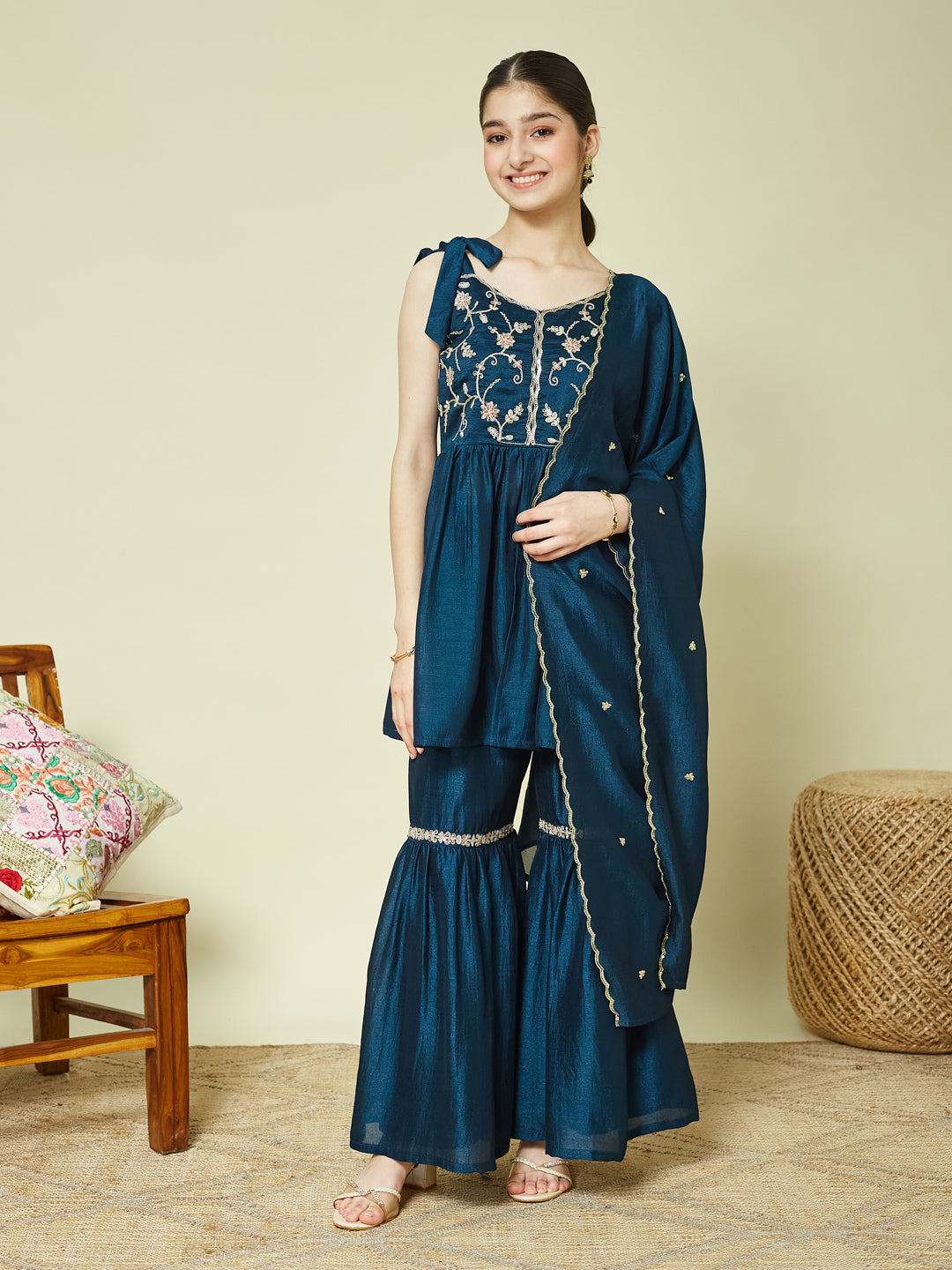 Blue Silk Embroidered Kurta Sharara Set with Dupatta for Girls