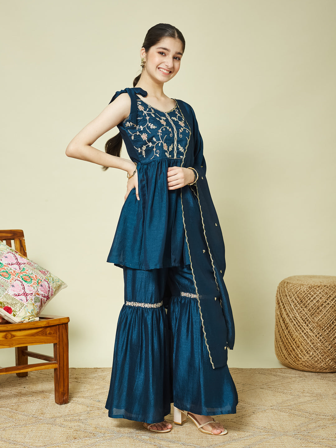 Blue Silk Embroidered Kurta Sharara Set with Dupatta for Girls