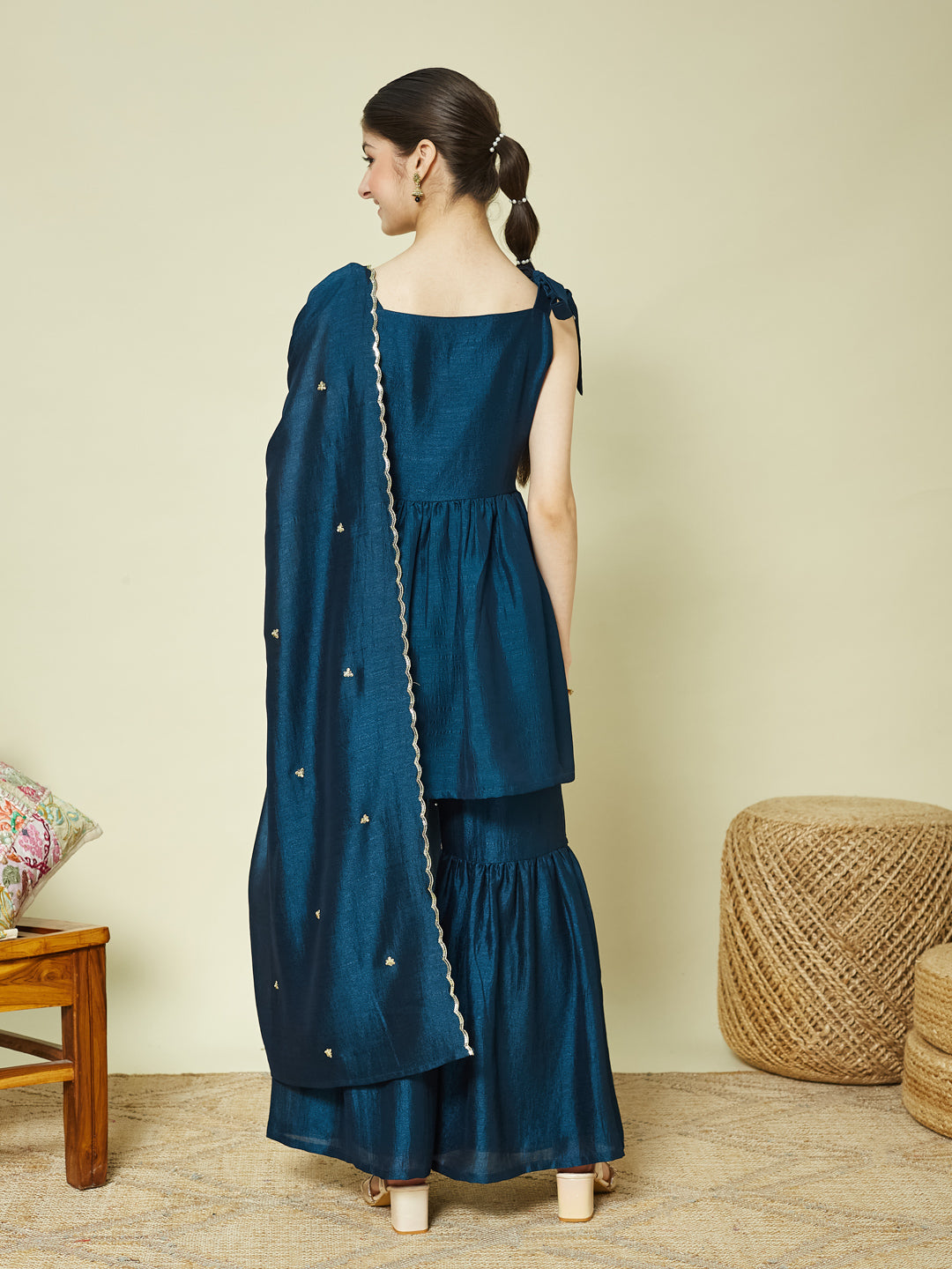 Blue Silk Embroidered Kurta Sharara Set with Dupatta for Girls