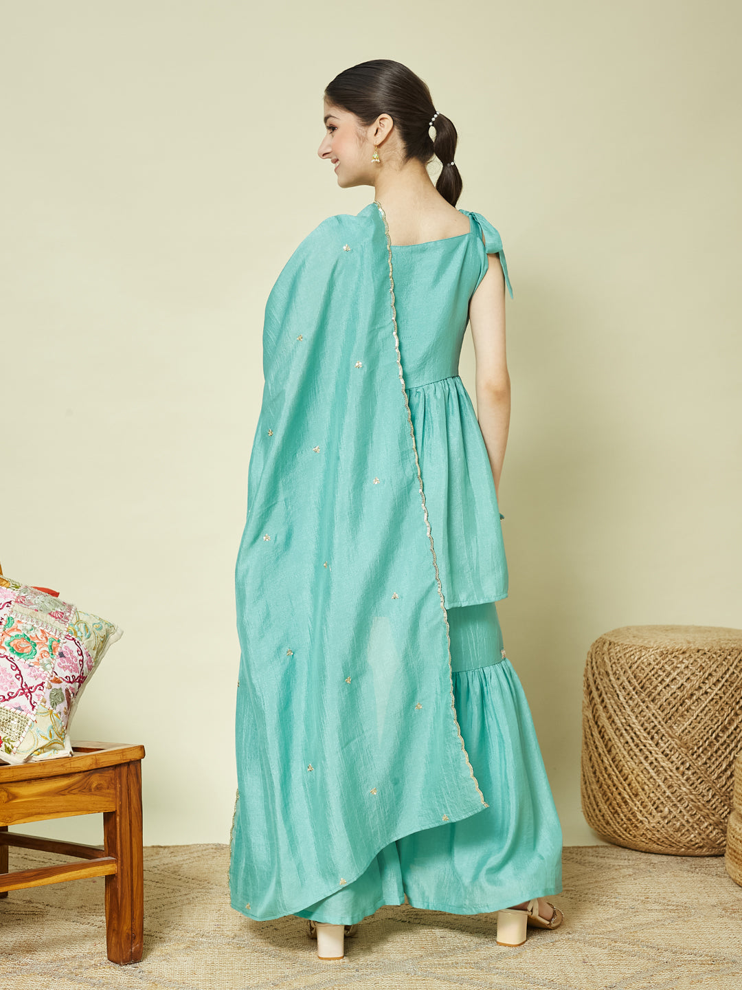 Mint Silk Embroidered Kurta Sharara Set with Dupatta for Girls