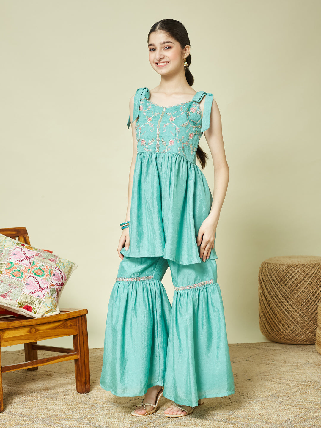 Mint Silk Embroidered Kurta Sharara Set with Dupatta for Girls
