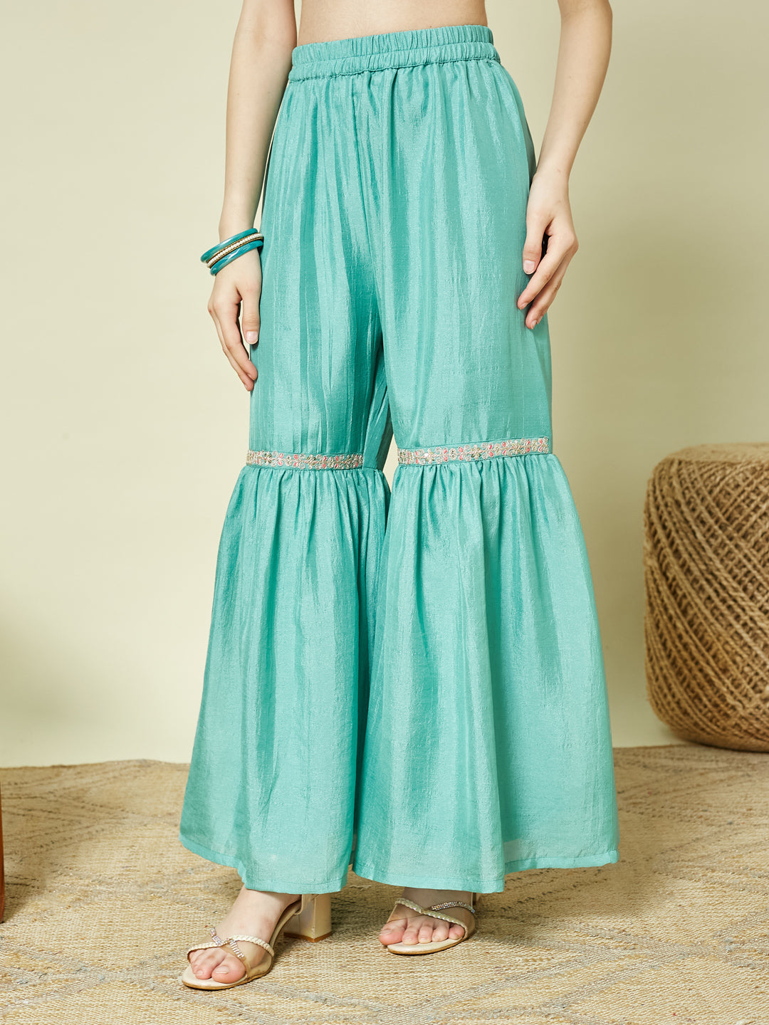 Mint Silk Embroidered Kurta Sharara Set with Dupatta for Girls