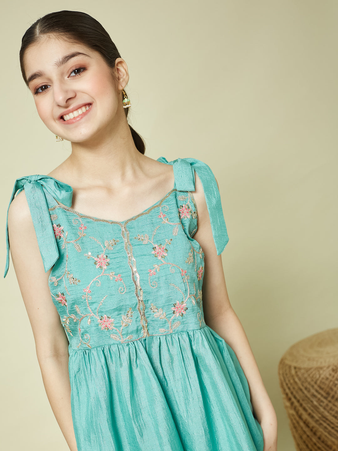 Mint Silk Embroidered Kurta Sharara Set with Dupatta for Girls