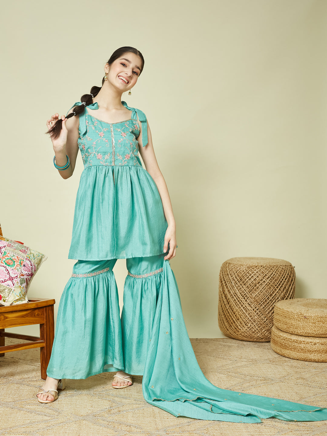 Mint Silk Embroidered Kurta Sharara Set with Dupatta for Girls
