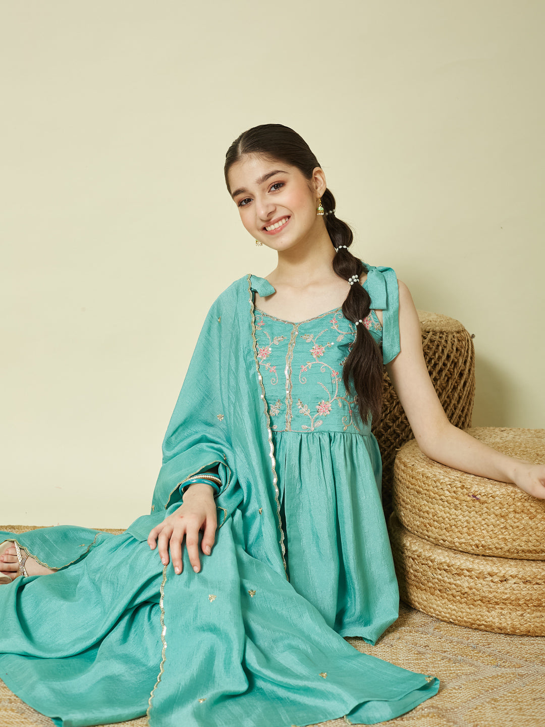Mint Silk Embroidered Kurta Sharara Set with Dupatta for Girls