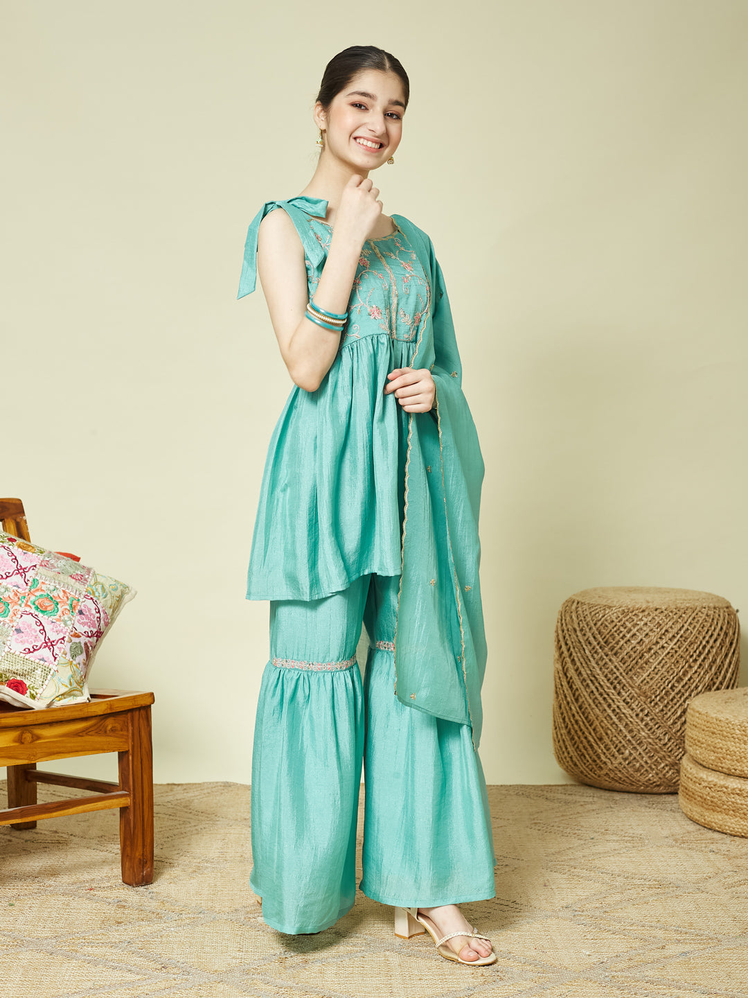 Mint Silk Embroidered Kurta Sharara Set with Dupatta for Girls