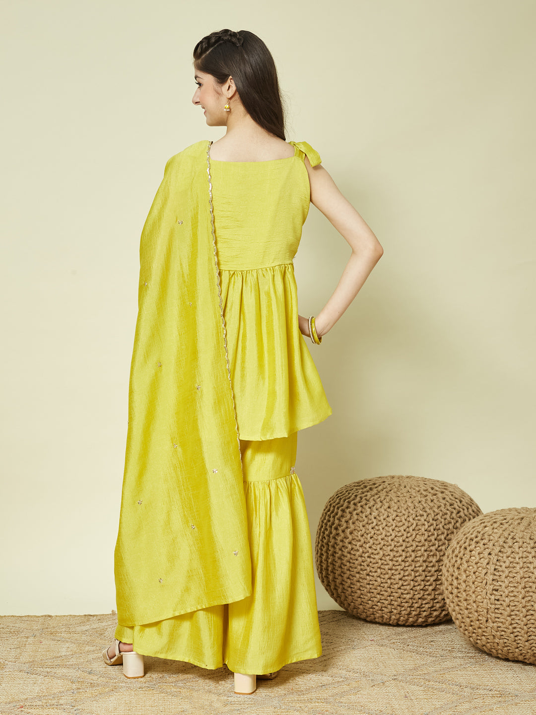 Yellow Silk Embroidered Kurta Sharara Set with Dupatta for Girls