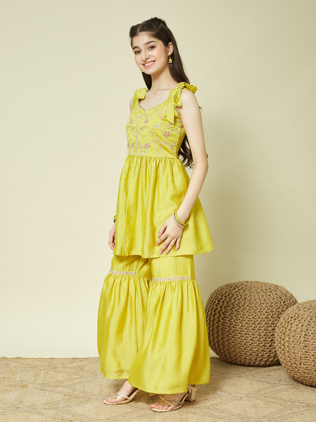 Yellow Silk Embroidered Kurta Sharara Set with Dupatta for Girls
