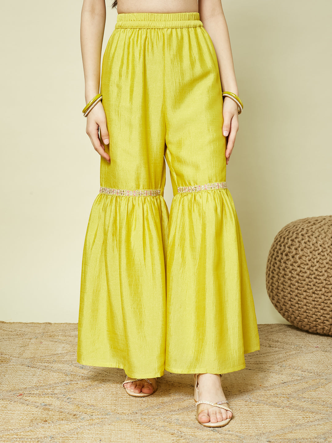 Yellow Silk Embroidered Kurta Sharara Set with Dupatta for Girls