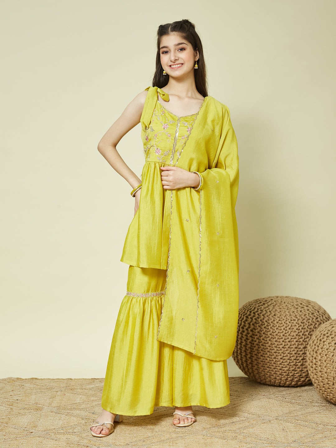 Yellow Silk Embroidered Kurta Sharara Set with Dupatta for Girls