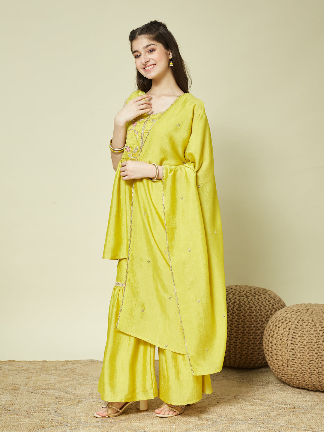 Yellow Silk Embroidered Kurta Sharara Set with Dupatta for Girls