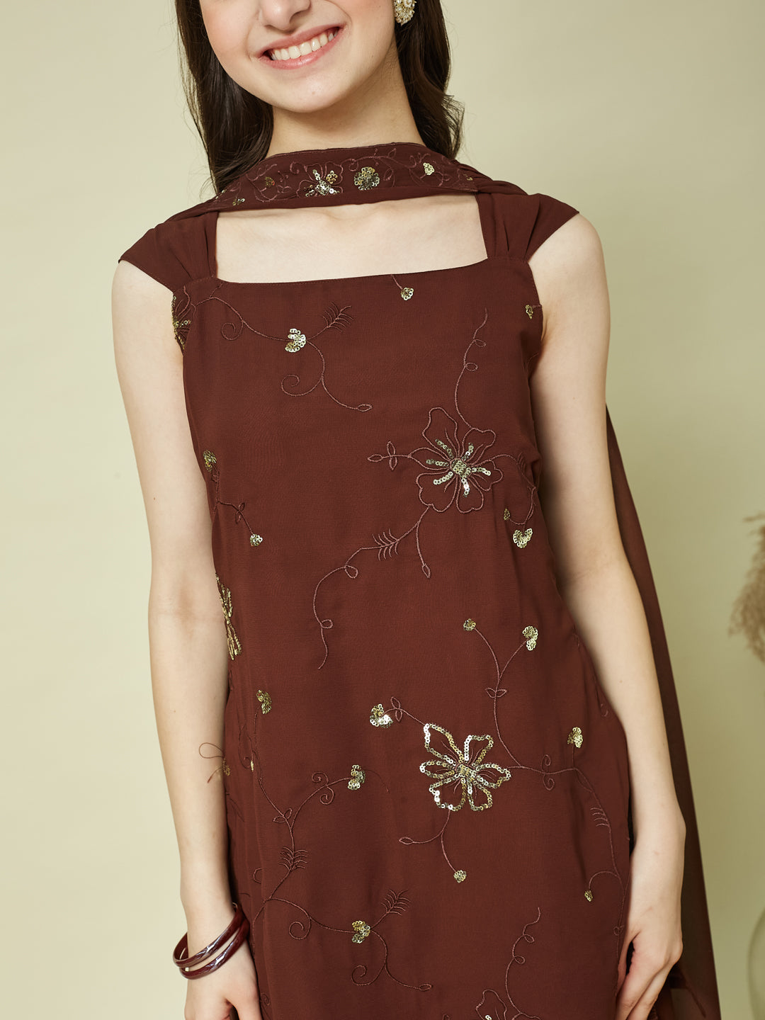 Coffee Georgette Embroidered Kurta Palazzo & Dupatta Set for Girls