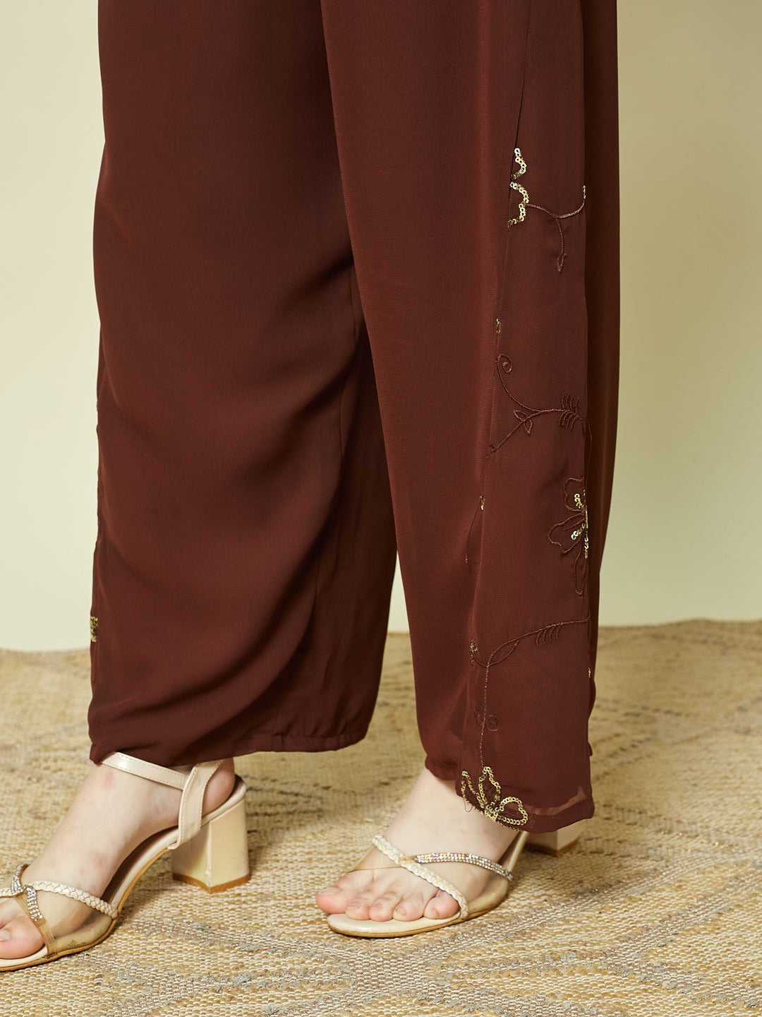 Coffee Georgette Embroidered Kurta Palazzo & Dupatta Set for Girls