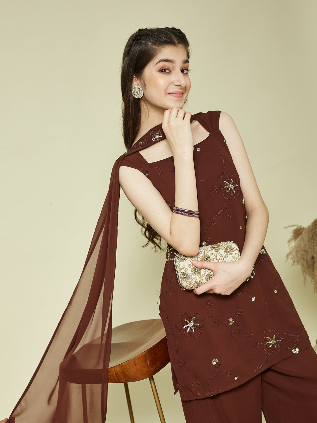 Coffee Georgette Embroidered Kurta Palazzo & Dupatta Set for Girls