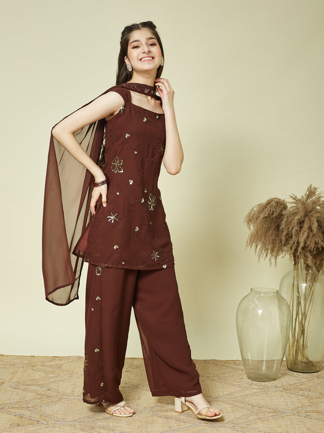 Coffee Georgette Embroidered Kurta Palazzo & Dupatta Set for Girls