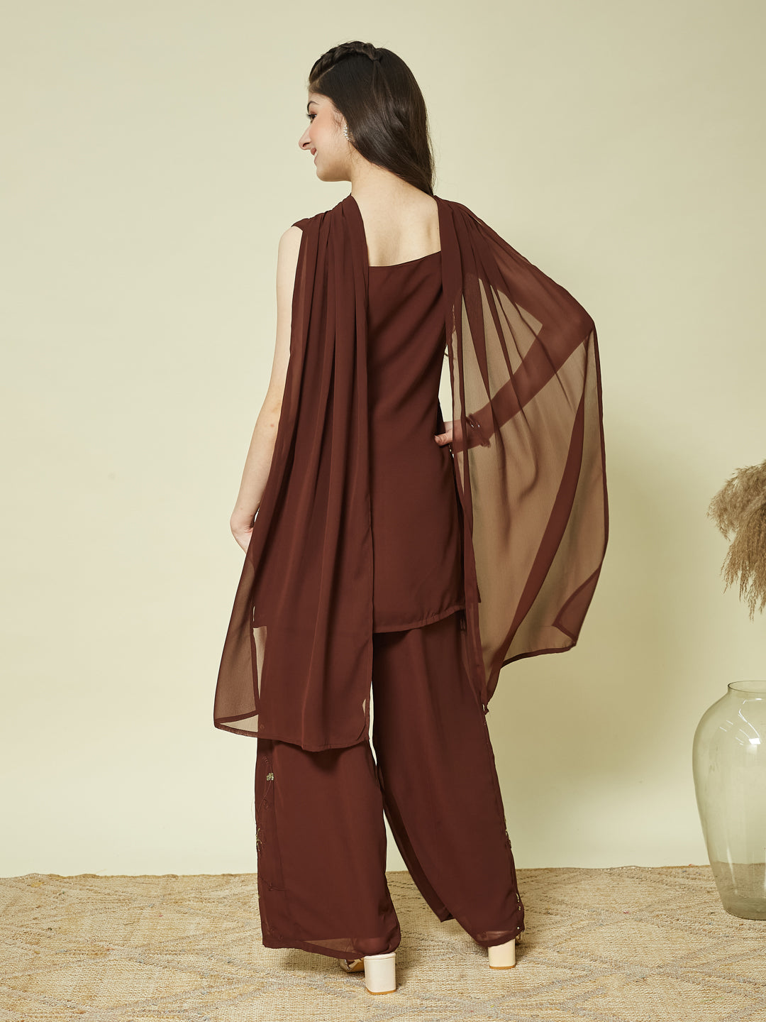 Coffee Georgette Embroidered Kurta Palazzo & Dupatta Set for Girls