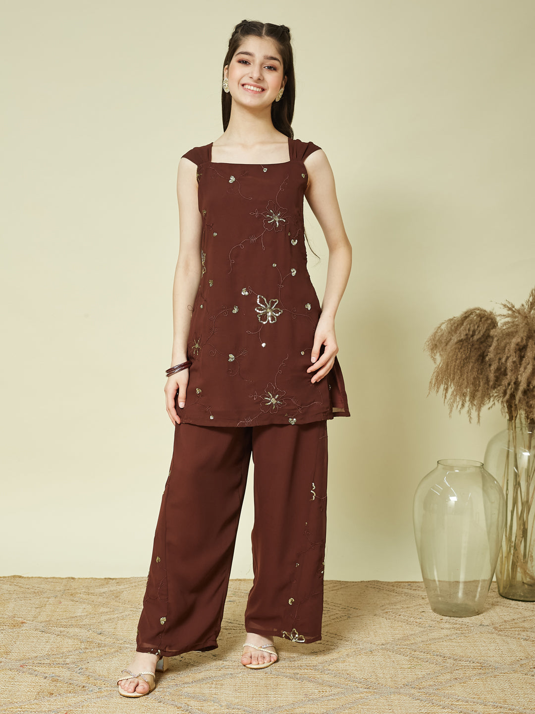 Coffee Georgette Embroidered Kurta Palazzo & Dupatta Set for Girls