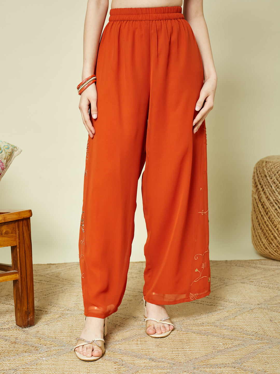 Orange Georgette Embroidered Kurta Palazzo & Dupatta Set for Girls