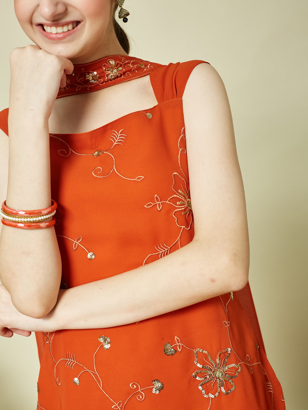 Orange Georgette Embroidered Kurta Palazzo & Dupatta Set for Girls