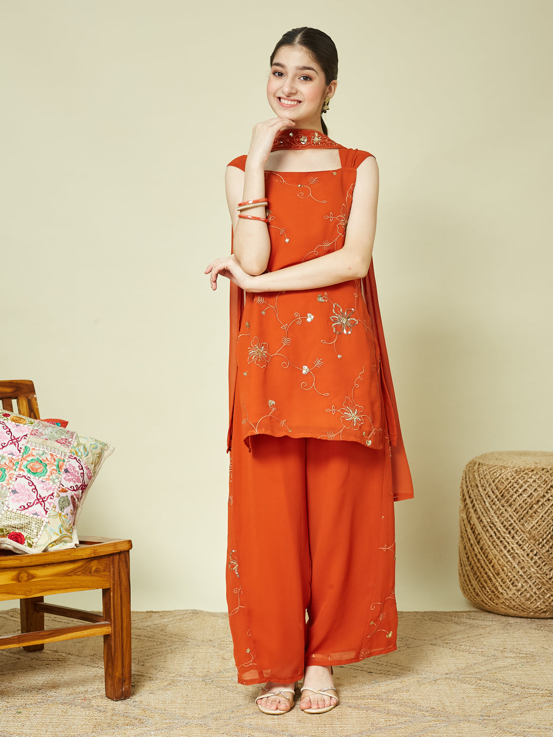 Orange Georgette Embroidered Kurta Palazzo & Dupatta Set for Girls