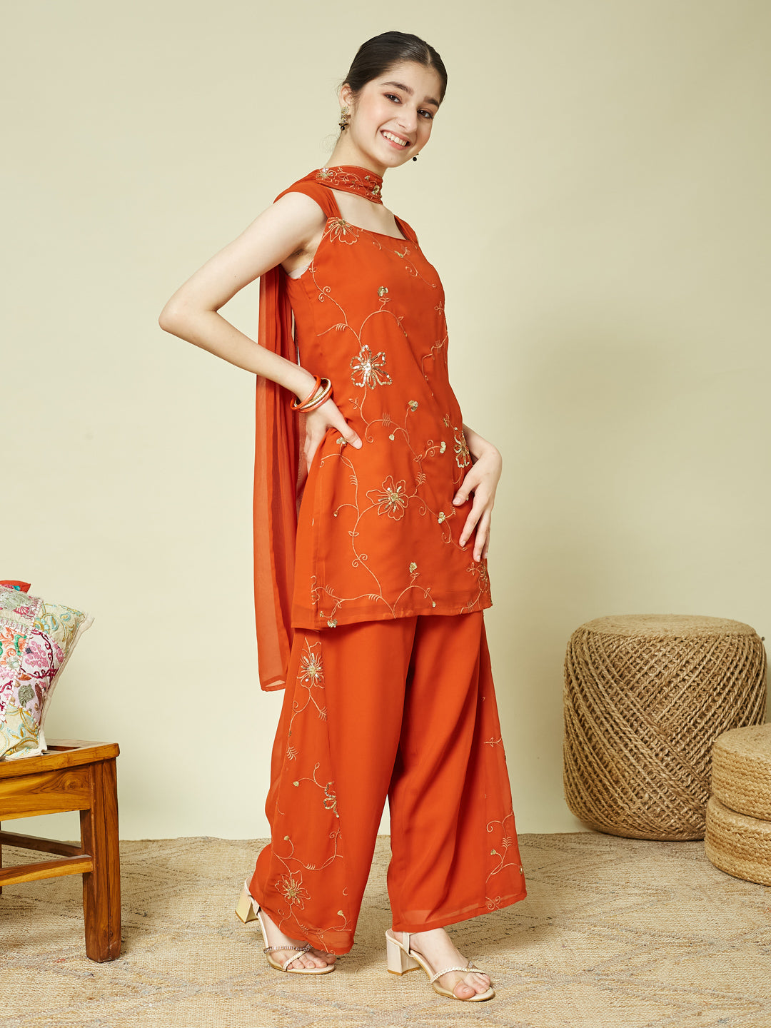 Orange Georgette Embroidered Kurta Palazzo & Dupatta Set for Girls