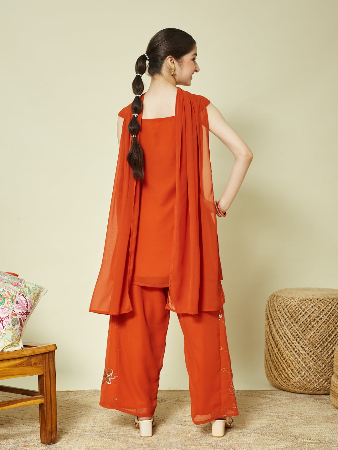 Orange Georgette Embroidered Kurta Palazzo & Dupatta Set for Girls