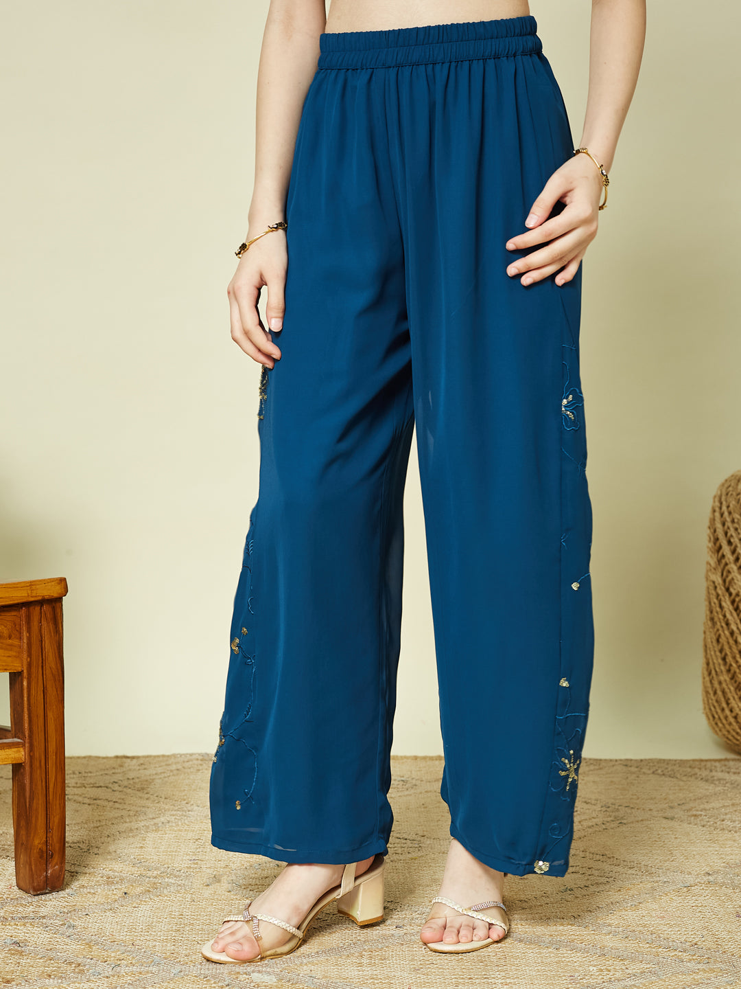 Blue Georgette Embroidered Kurta Palazzo & Dupatta Set for Girls