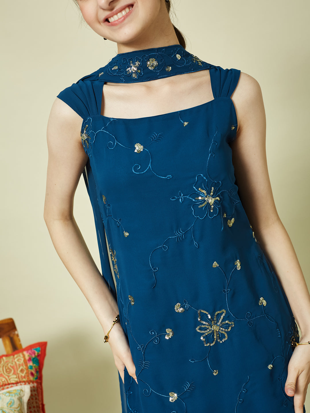 Blue Georgette Embroidered Kurta Palazzo & Dupatta Set for Girls