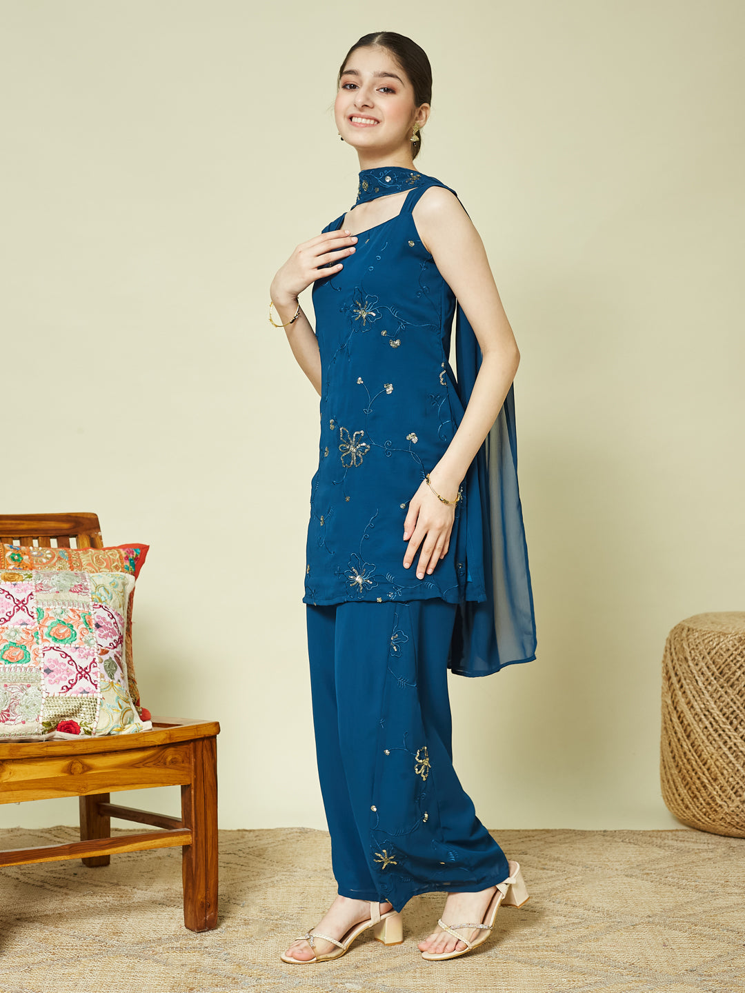 Blue Georgette Embroidered Kurta Palazzo & Dupatta Set for Girls