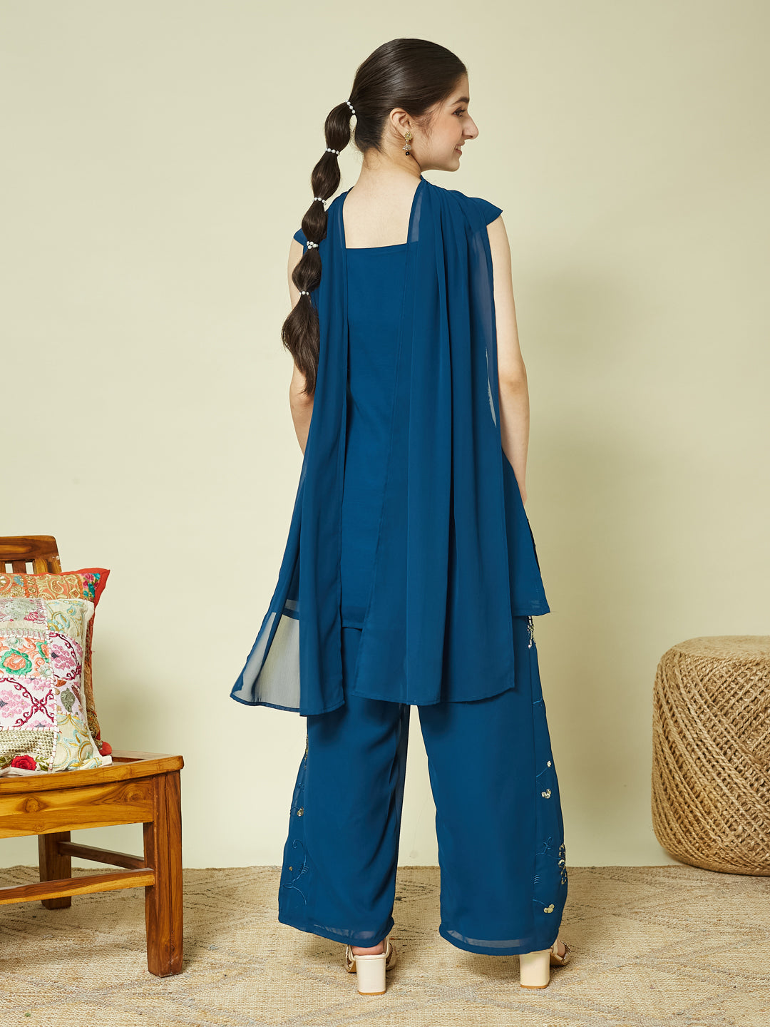 Blue Georgette Embroidered Kurta Palazzo & Dupatta Set for Girls