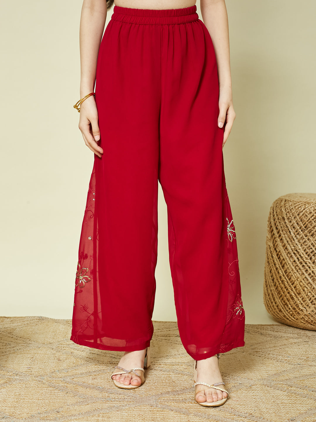 Red Georgette Embroidered Kurta Palazzo & Dupatta Set for Girls