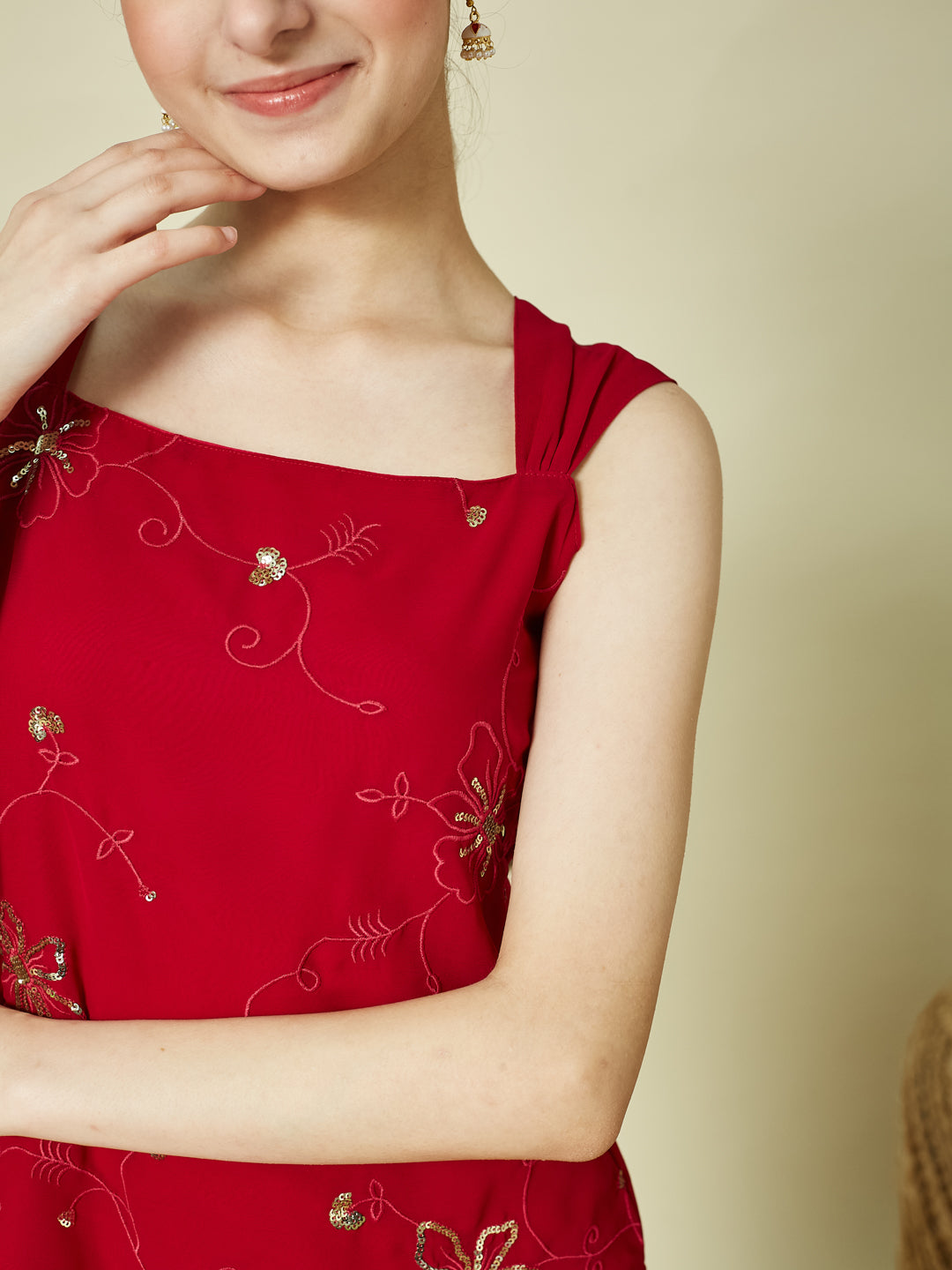 Red Georgette Embroidered Kurta Palazzo & Dupatta Set for Girls